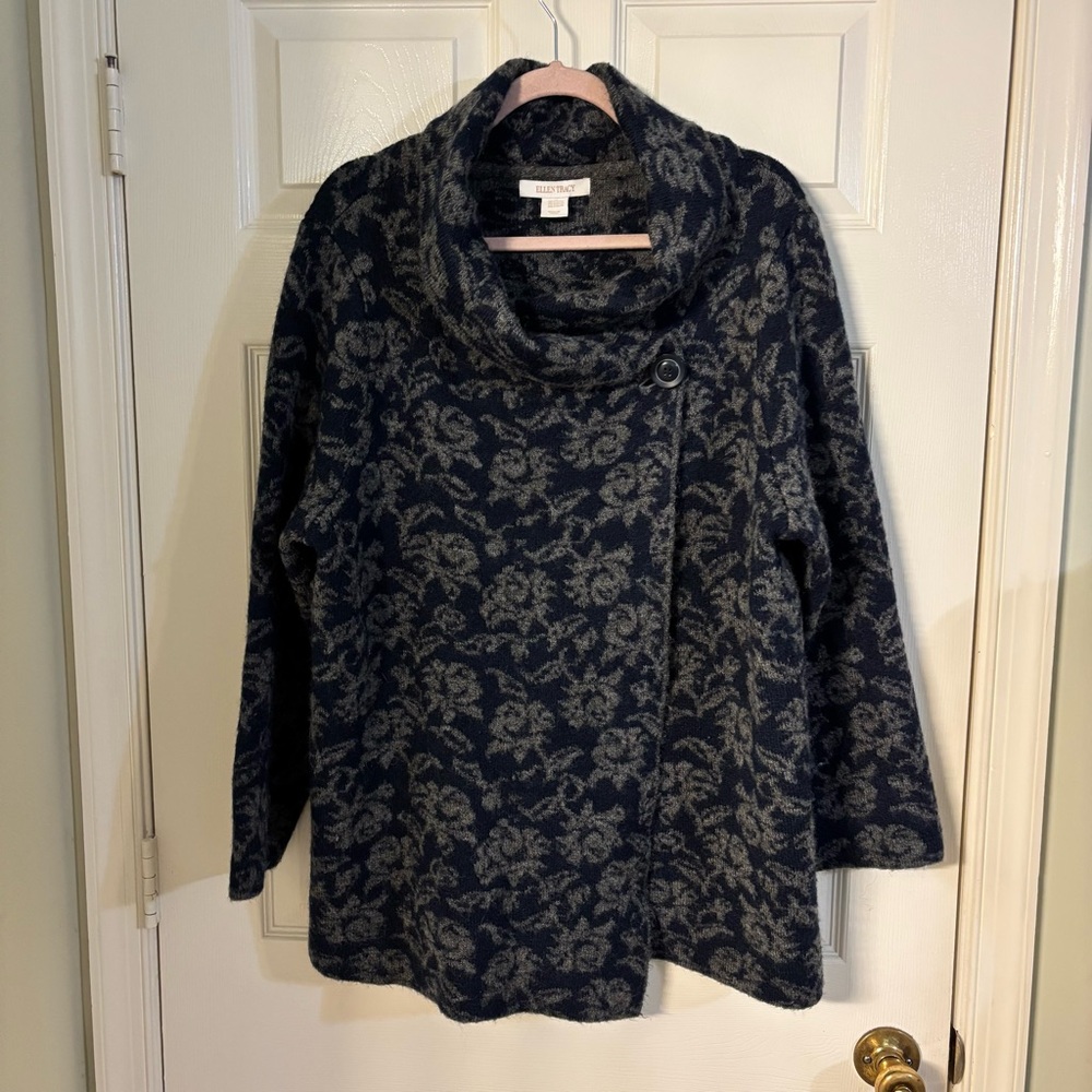 Ellen Tracy Navy and Gray Cowl Neck Cardigan/Jacket Wool Blend, Size 2X